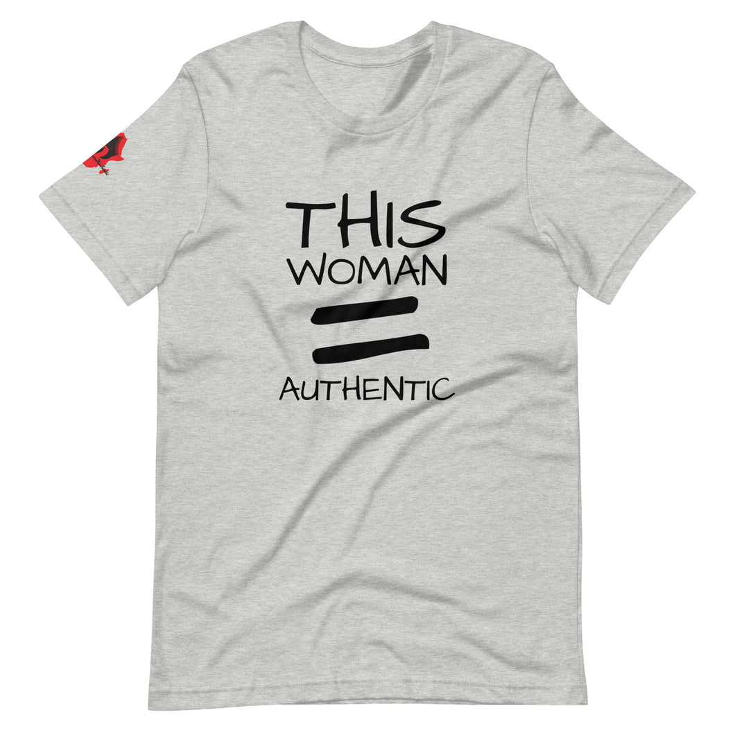 AQA short-sleeve unisex story tee logo sleeve (this woman = authentic)